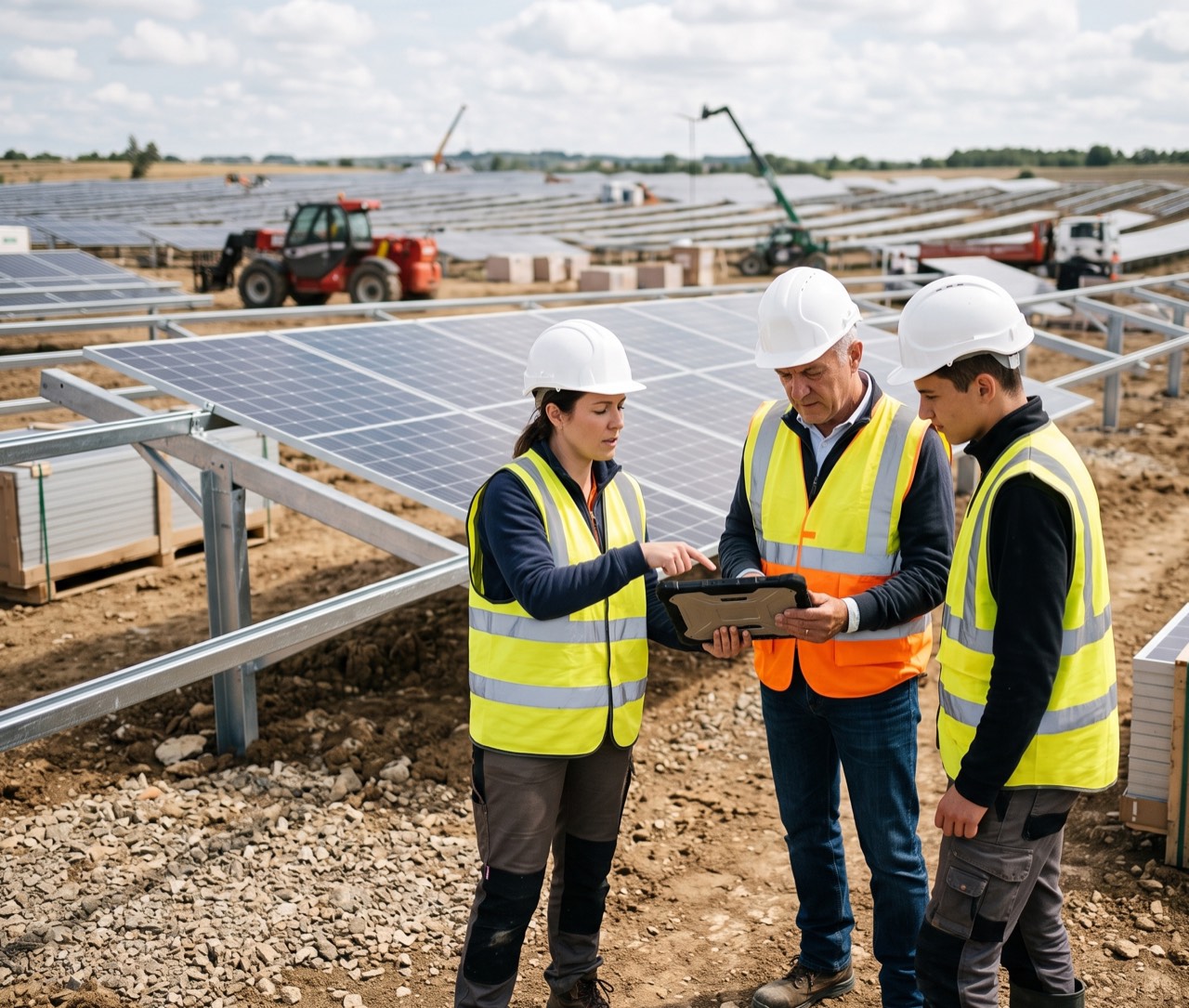 Équipe d'ingénieurs sur un chantier photovoltaïque analysant l'exécution